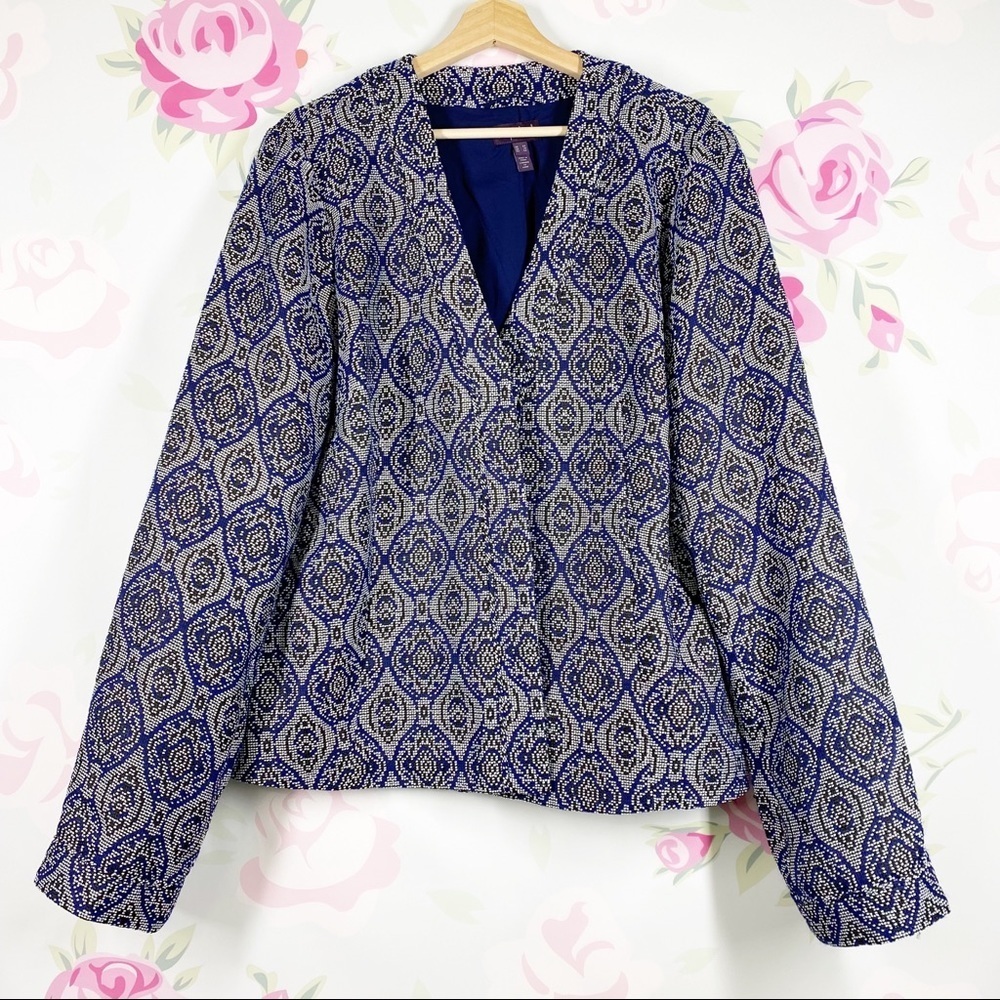 Long Tall Sally Boho Printed Blue Jacquard Open Blazer Jacket 18 - Picture 1 of 10